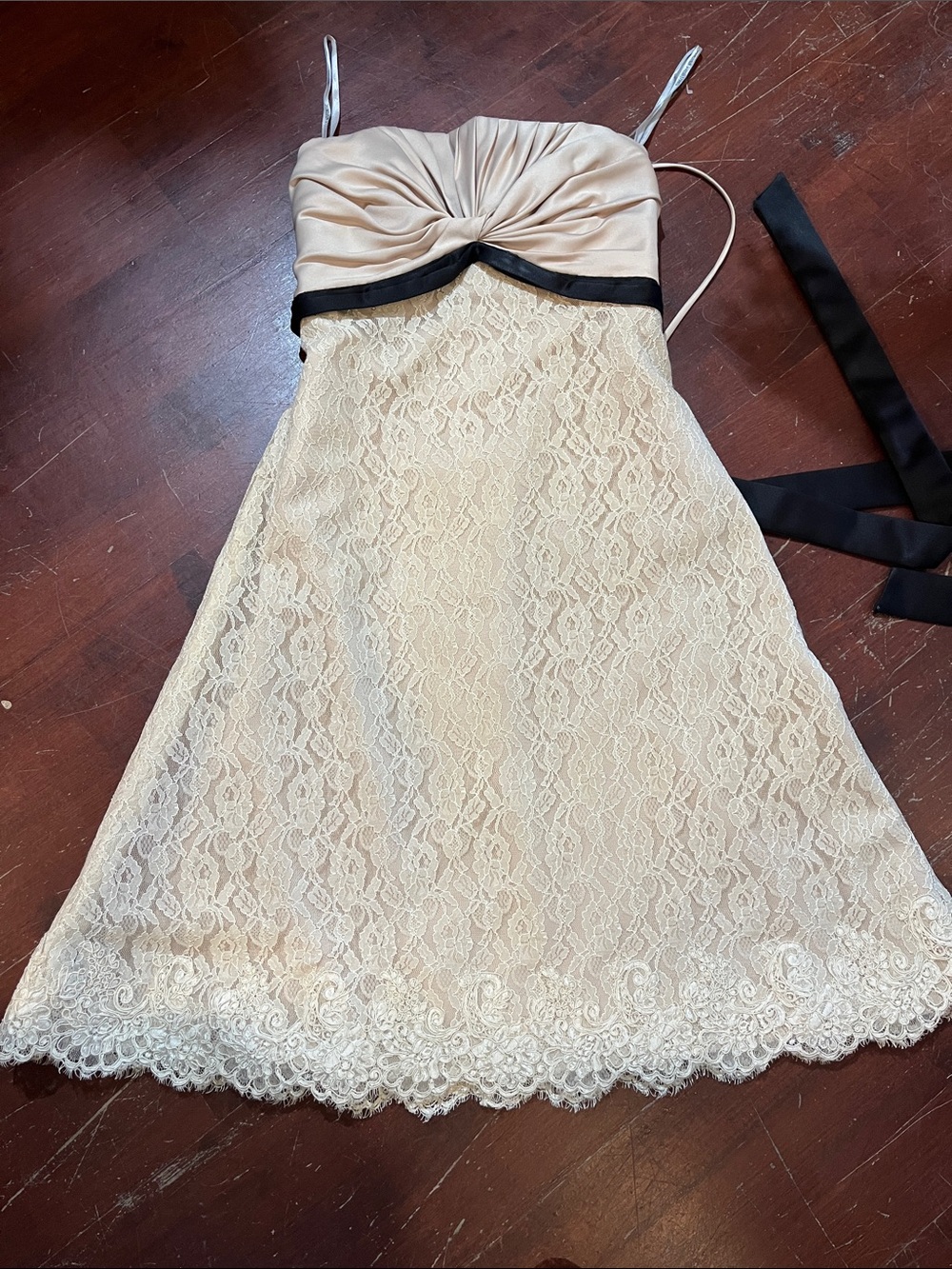 Jordan Strapless Cream Lace A-Line Dress with Black Trim